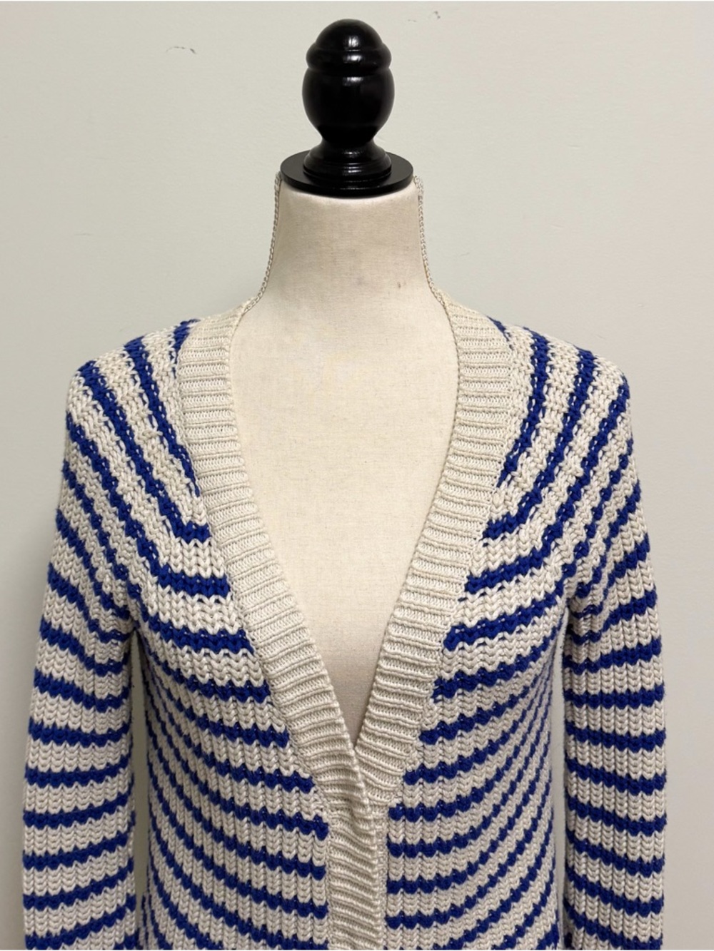 J Crew Cream Blue Purple Stripe Deep V Neck Snap Button Longer Sweater Cardigan - Picture 2 of 9